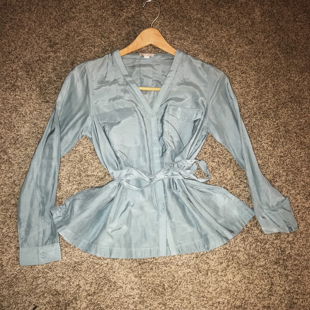 GAP Light Blue Satin-Look Button-Up Blouse with Tie Waist